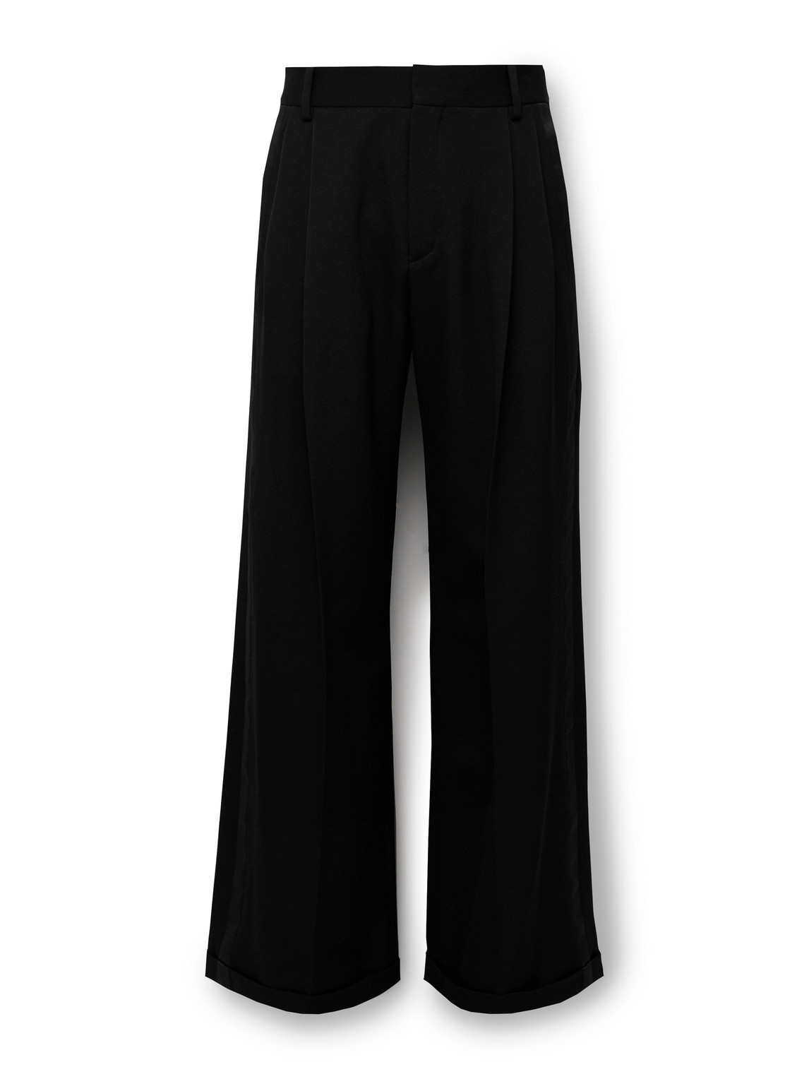 Saint Laurent Wide-leg Satin-trimmed Pleated Grain De Poudre Wool Tuxedo Trousers In Black