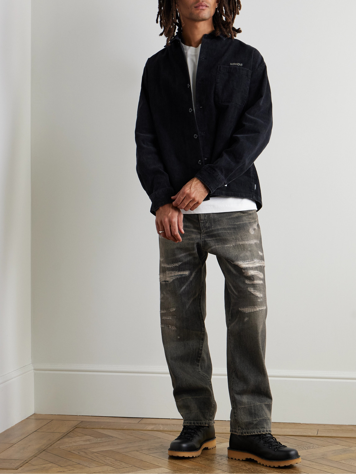 Shop Neighborhood Savage Straight-leg Distressed Selvedge Jeans In Gray