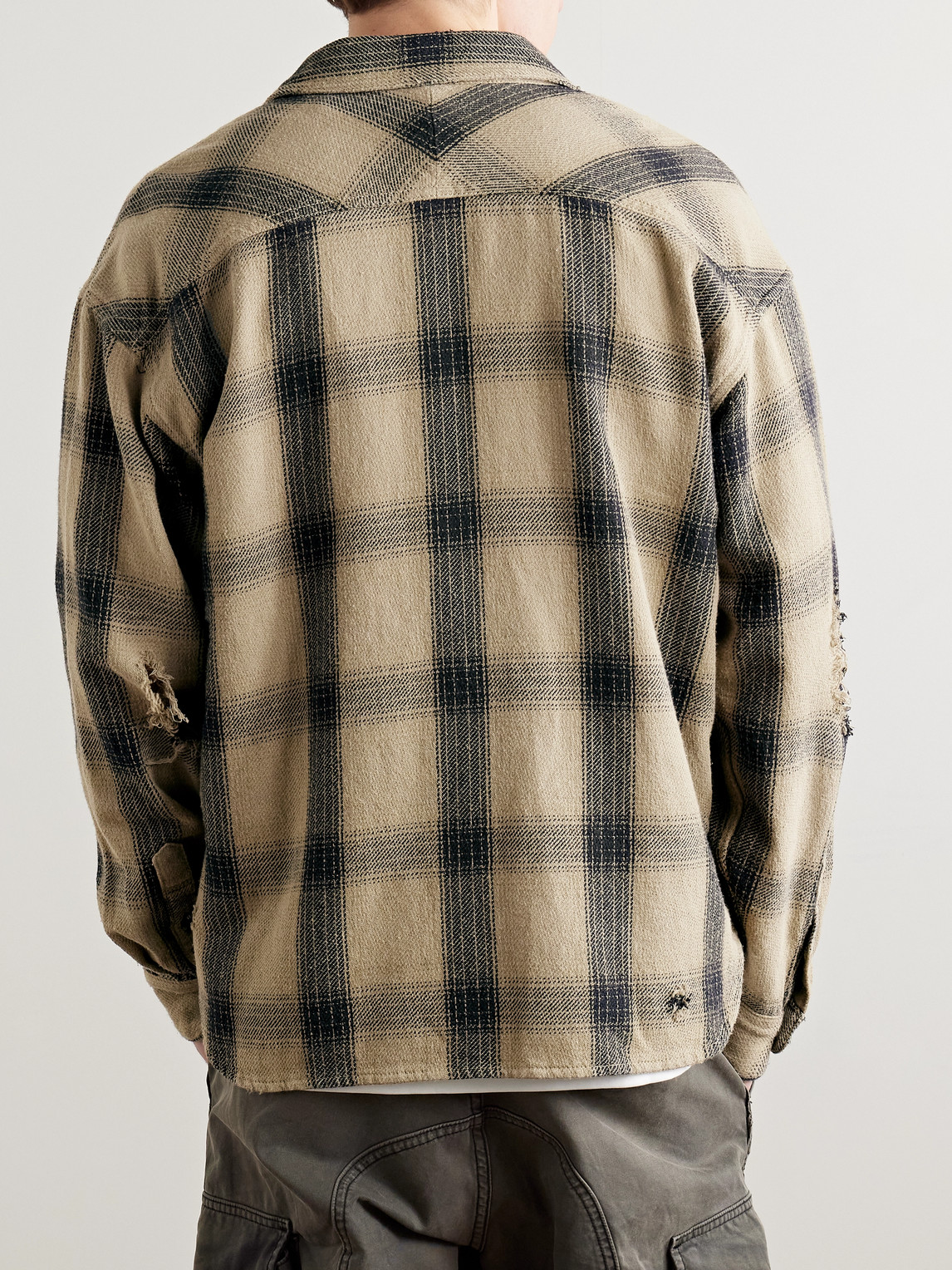 NEIGHBORHOOD SAVAGE LOGO-APPLIQUÉD DISTRESSED CHECKED COTTON SHIRT