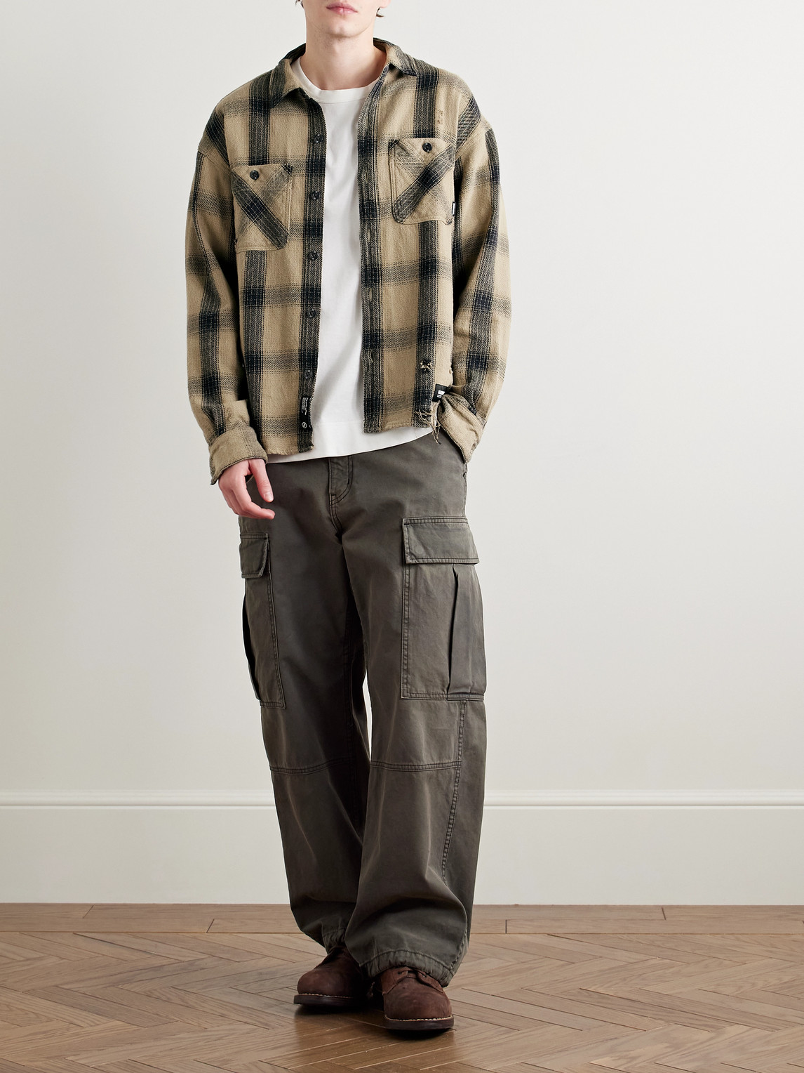 NEIGHBORHOOD SAVAGE LOGO-APPLIQUÉD DISTRESSED CHECKED COTTON SHIRT