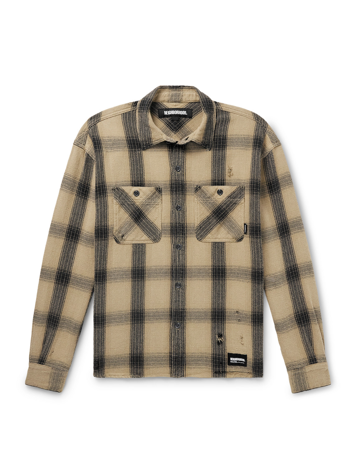 Neighborhood Savage Logo-appliquéd Distressed Checked Cotton Shirt In Brown