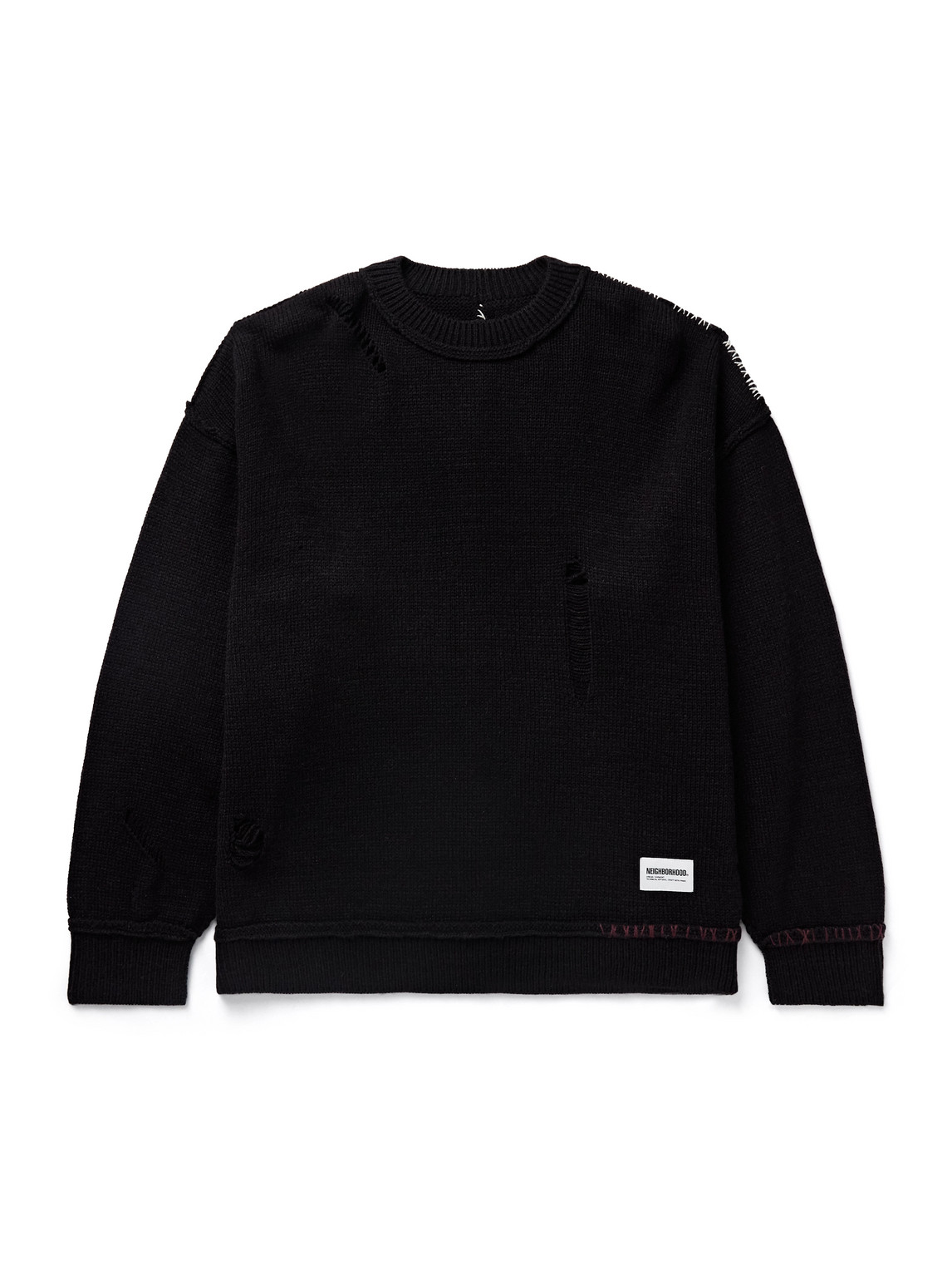 Neighborhood Savage Logo-appliquéd Distressed Knitted Sweater In Black