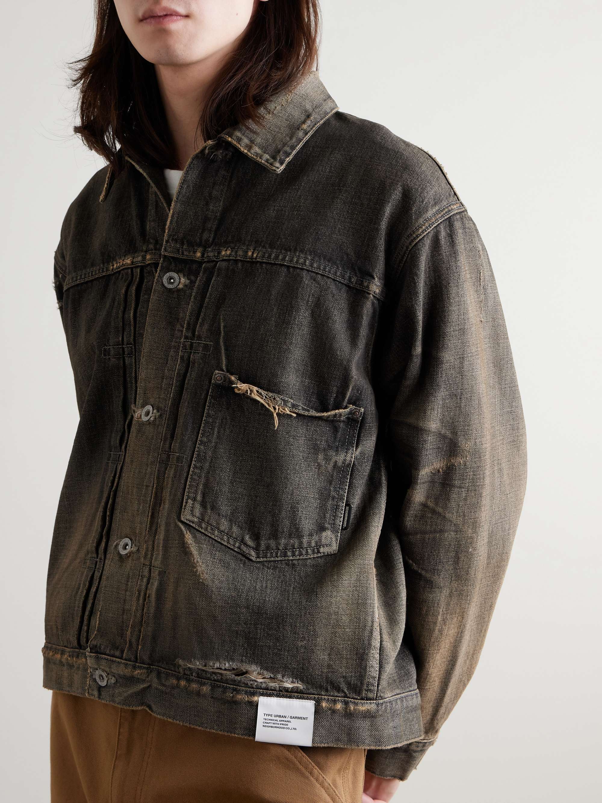 NEIGHBORHOOD Savage Type-1 Distressed Denim Jacket for Men NEIGHBORHOOD Savage Type-1 Distressed Denim Jacket for Men