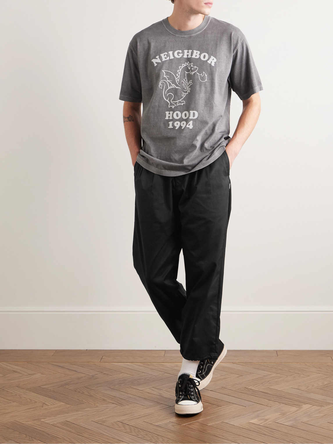 NEIGHBORHOOD EASY STRAIGHT-LEG CROPPED PLEATED TWILL DRAWSTRING TROUSERS