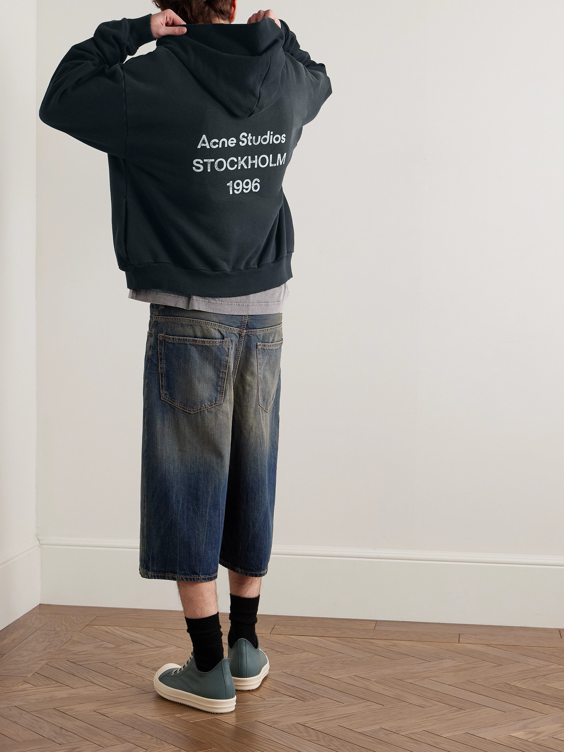 Acne Studios Franziska Garment-dyed Distressed Logo-print Cotton-blend Jersey Hoodie In Black