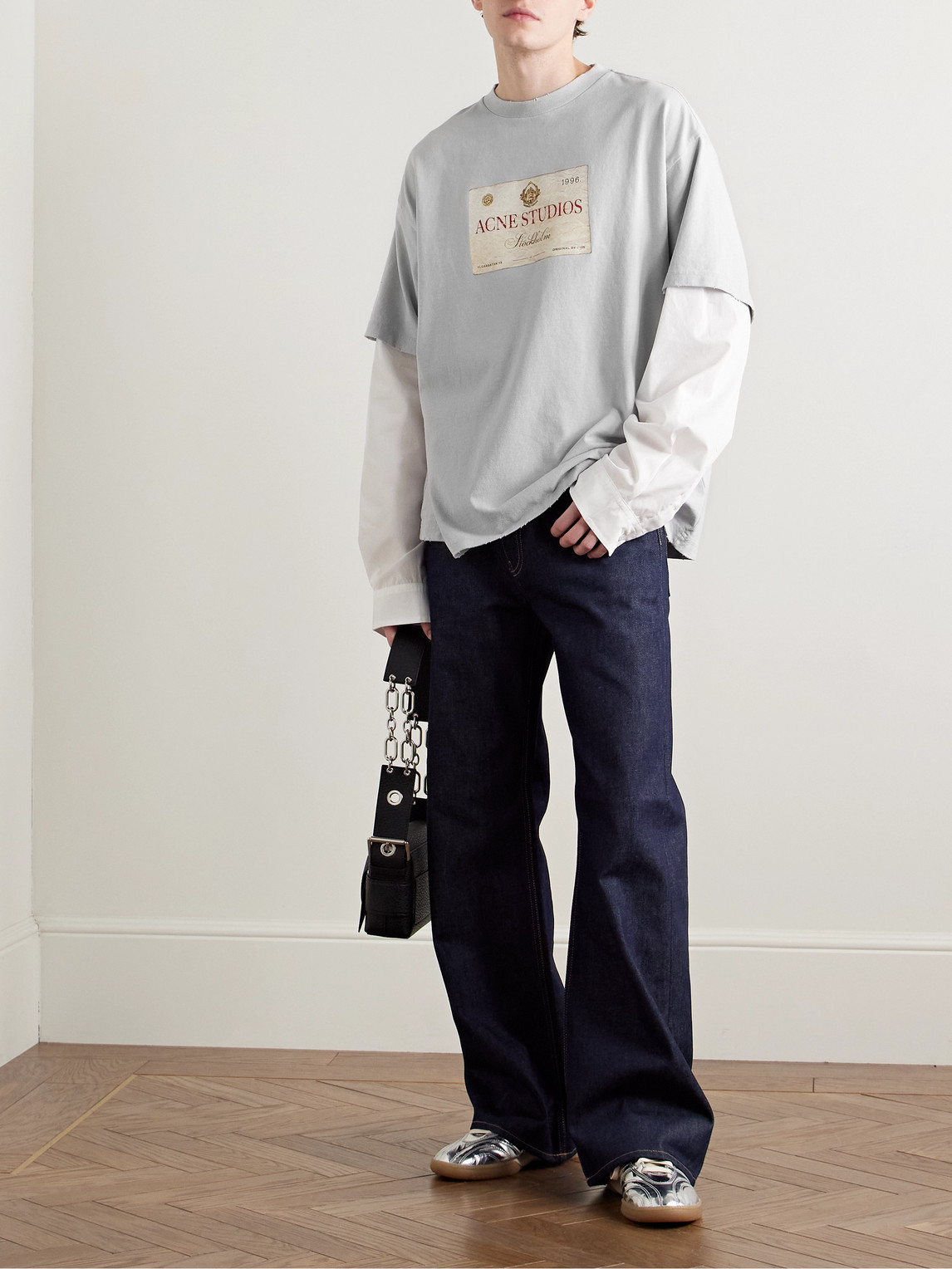 Acne Studios Edra Oversized Layered Logo-print Cotton-jersey And Poplin T-shirt In Gray