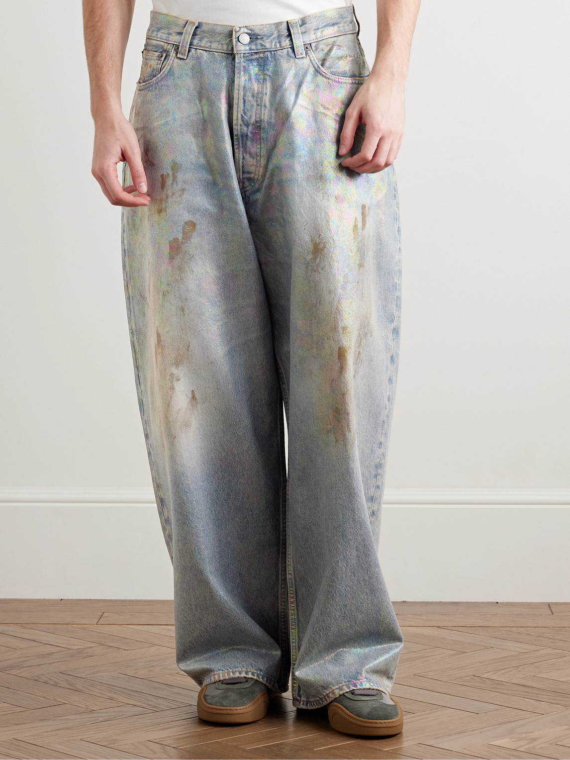 ACNE STUDIOS DIRTY HALO WIDE-LEG DISTRESSED IRIDESCENT JEANS