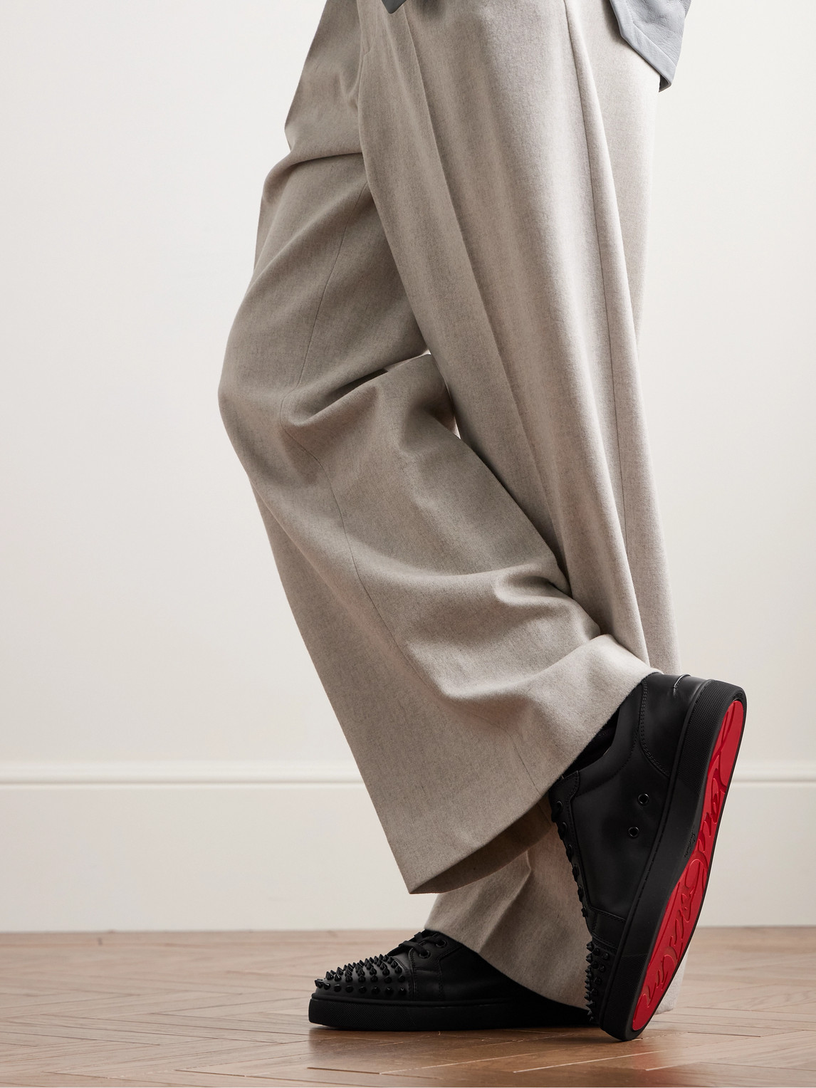 Christian Louboutin Louis Junior Spikes Cap-toe Leather Sneakers In Black