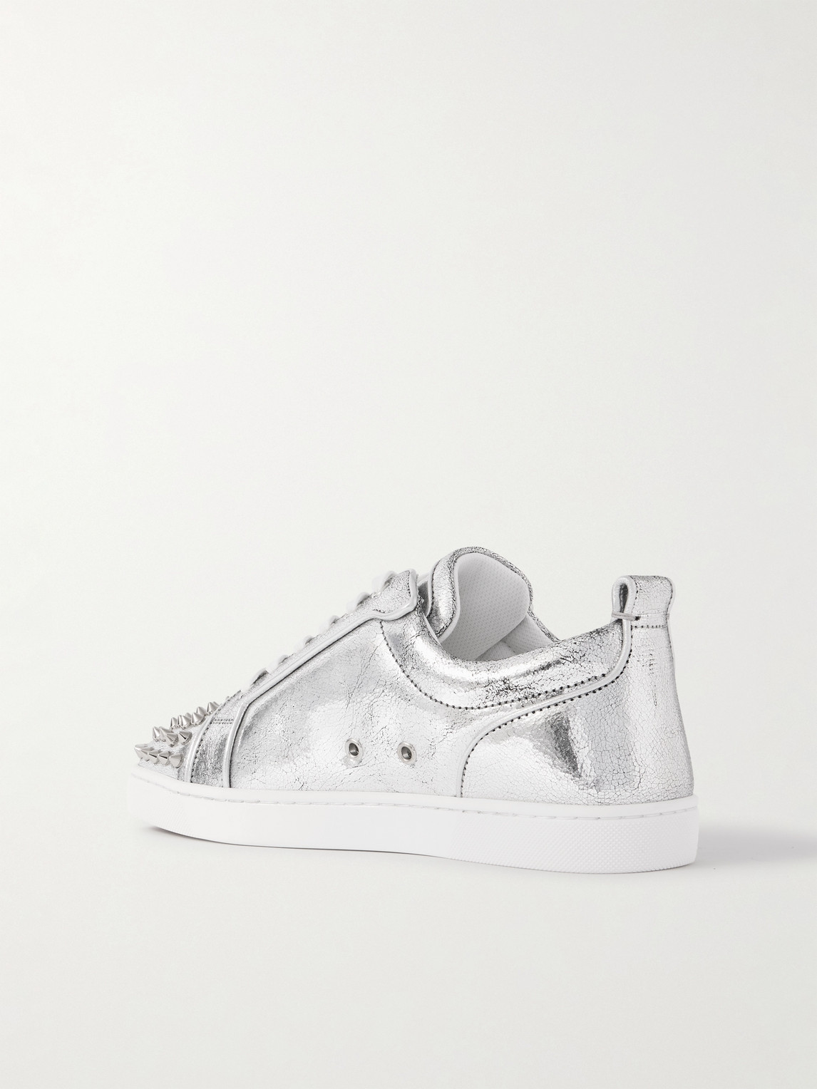 Christian Louboutin Louis Junior Spikes Metallic Cracked-leather Sneakers In Silver
