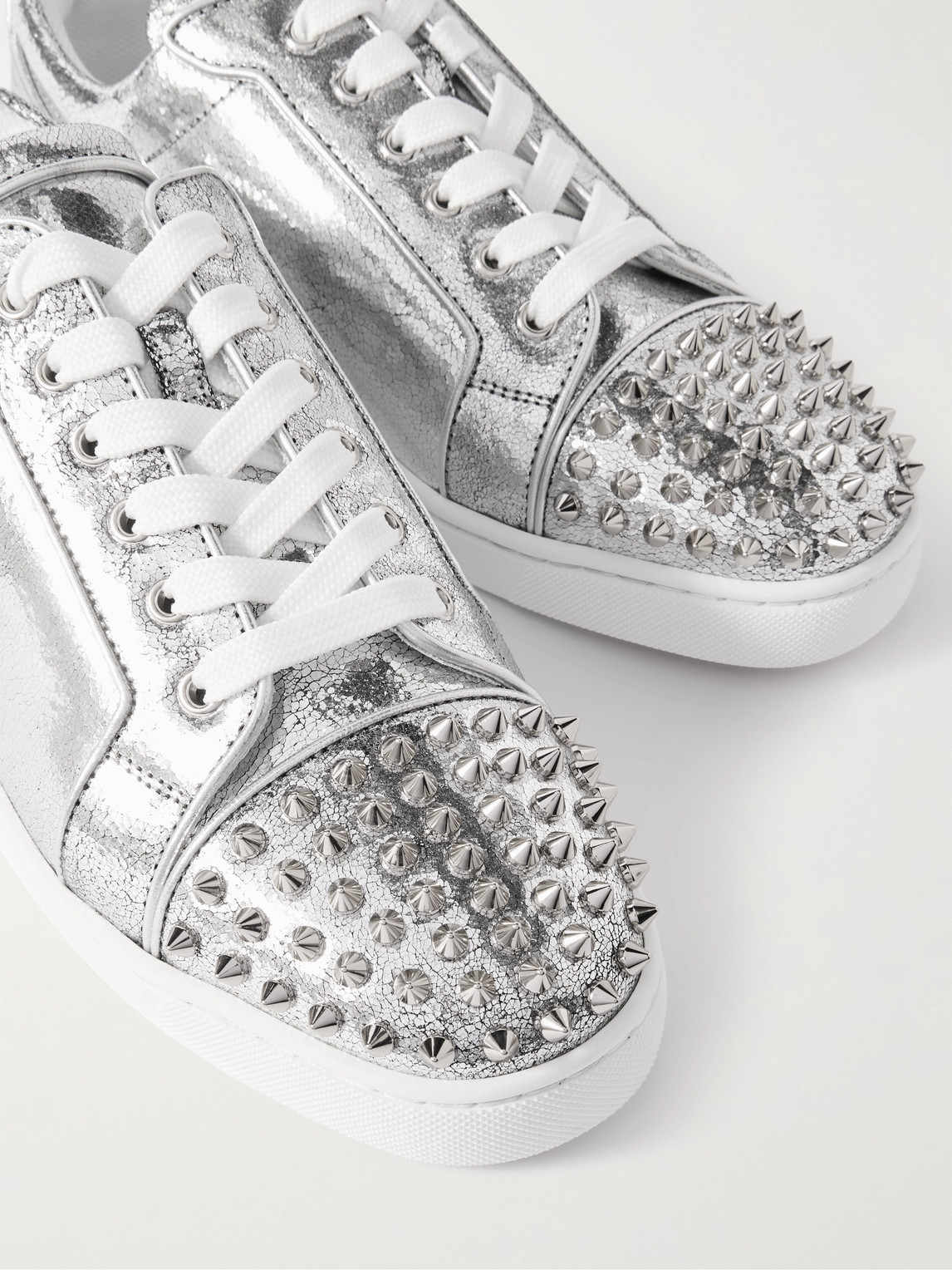 Christian Louboutin Louis Junior Spikes Metallic Cracked-leather Sneakers In Silver