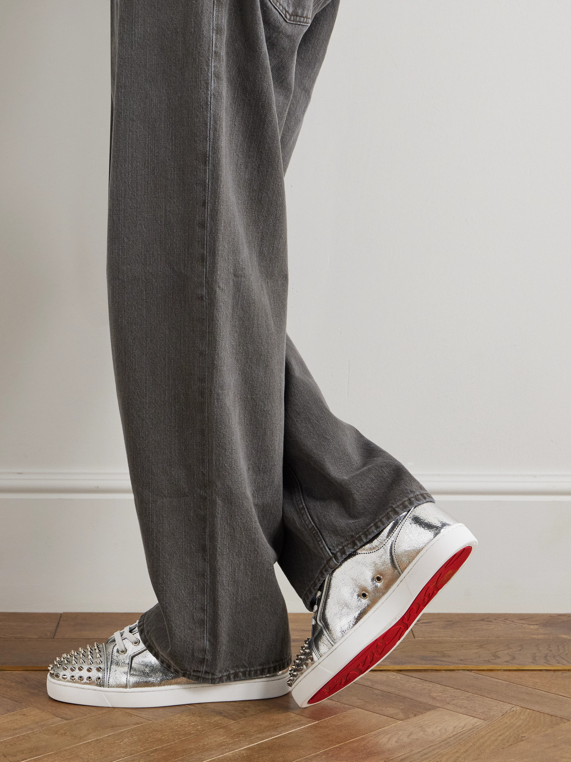 Christian Louboutin Louis Junior Spikes Metallic Cracked-leather Sneakers In Silver