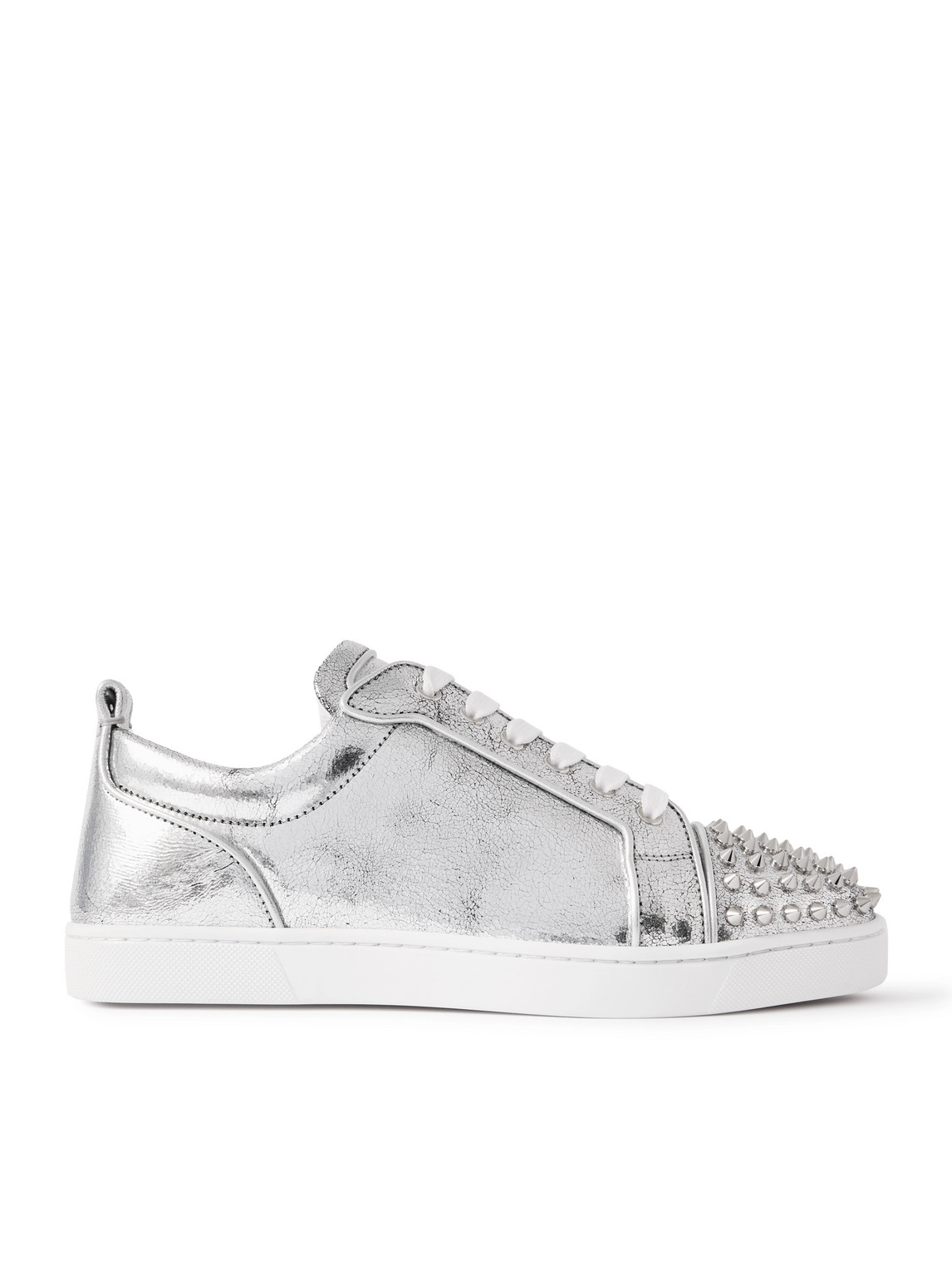 Christian Louboutin Louis Junior Spikes Metallic Cracked-leather Sneakers In Silver