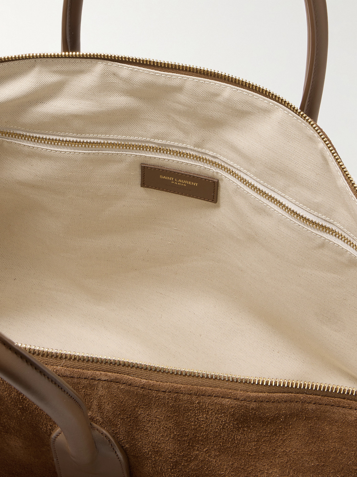 SAINT LAURENT LEATHER-TRIMMED SUEDE TOTE BAG