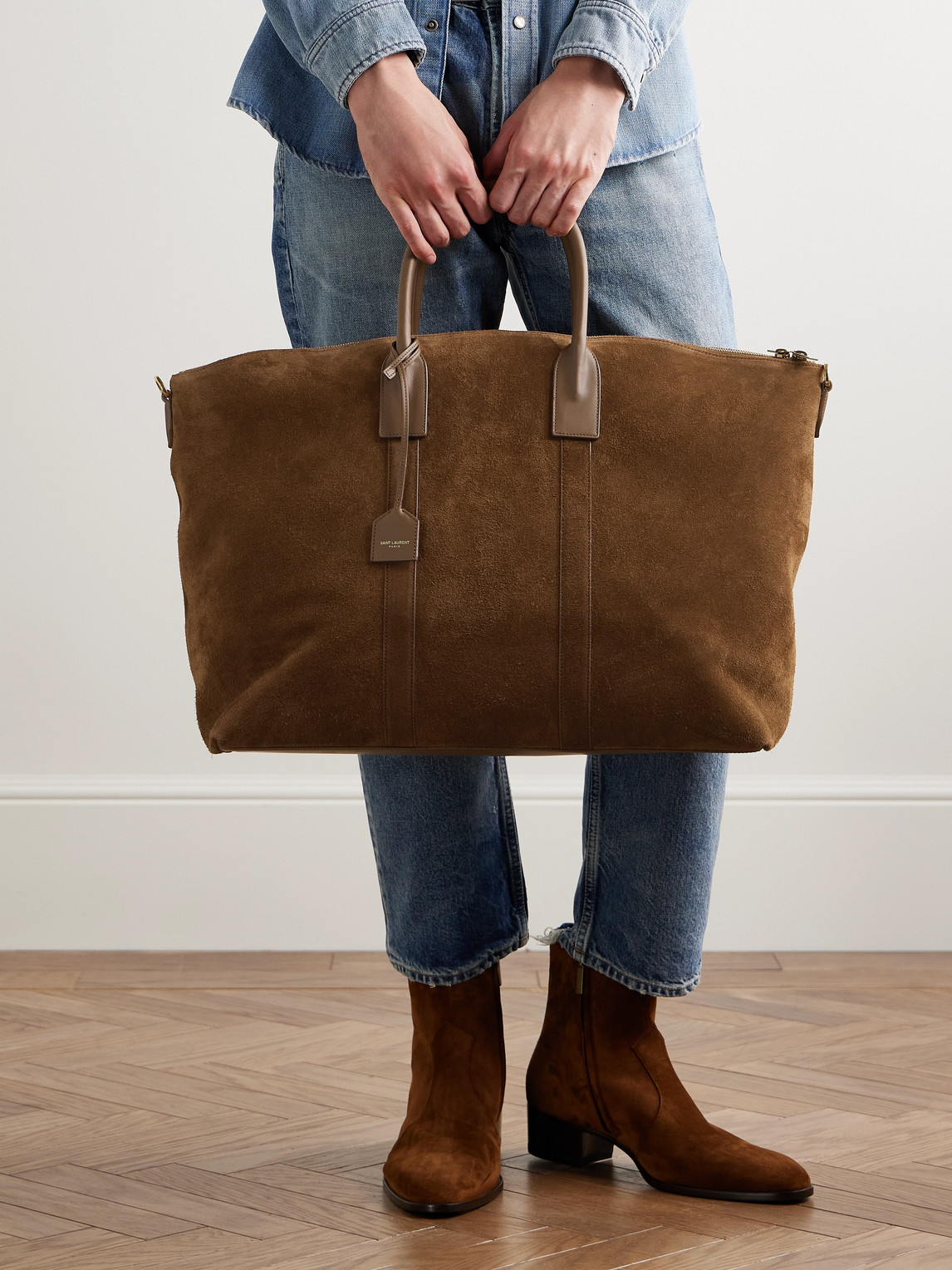 SAINT LAURENT LEATHER-TRIMMED SUEDE TOTE BAG