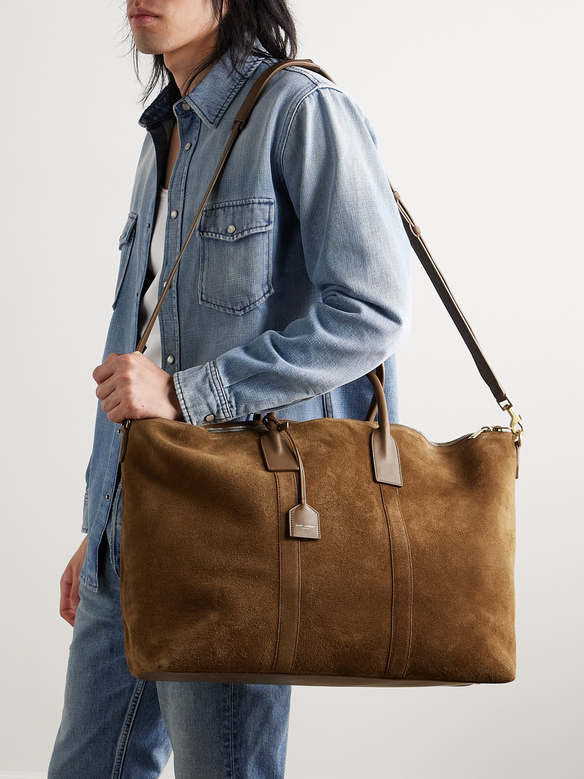 SAINT LAURENT LEATHER-TRIMMED SUEDE TOTE BAG