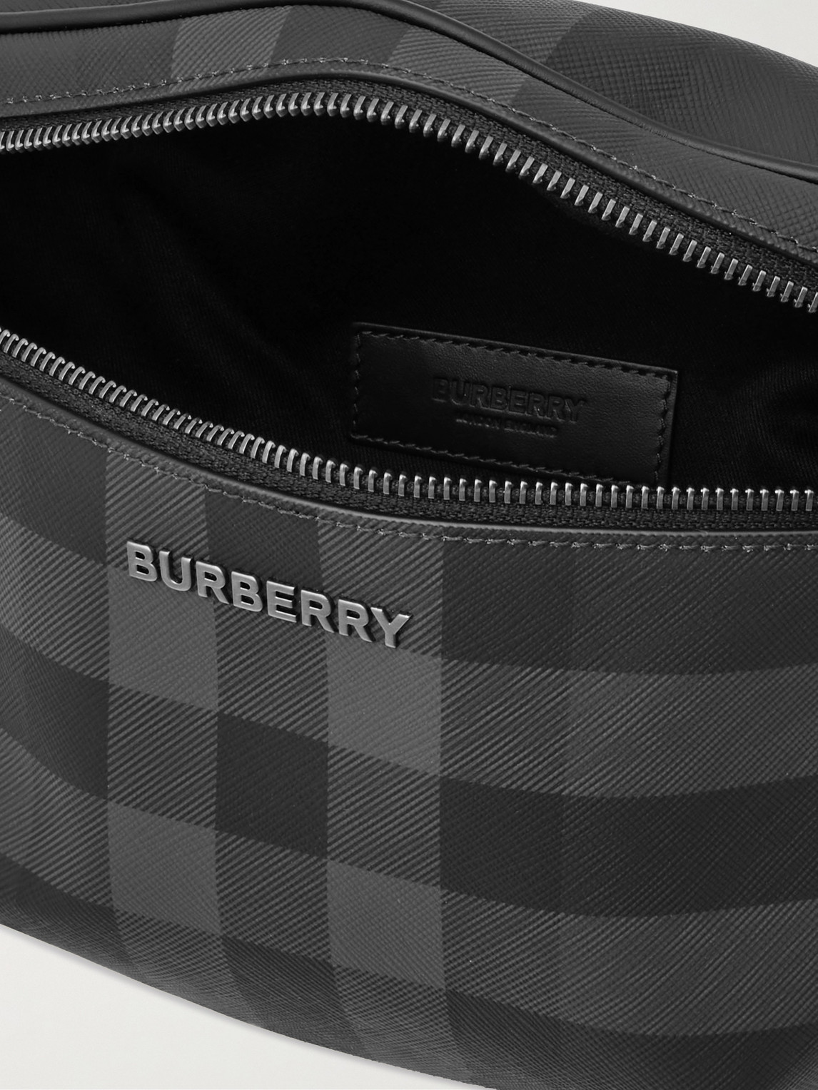 Burberry Leather-trimmed Checked Coated-canvas Belt Bag In Gray