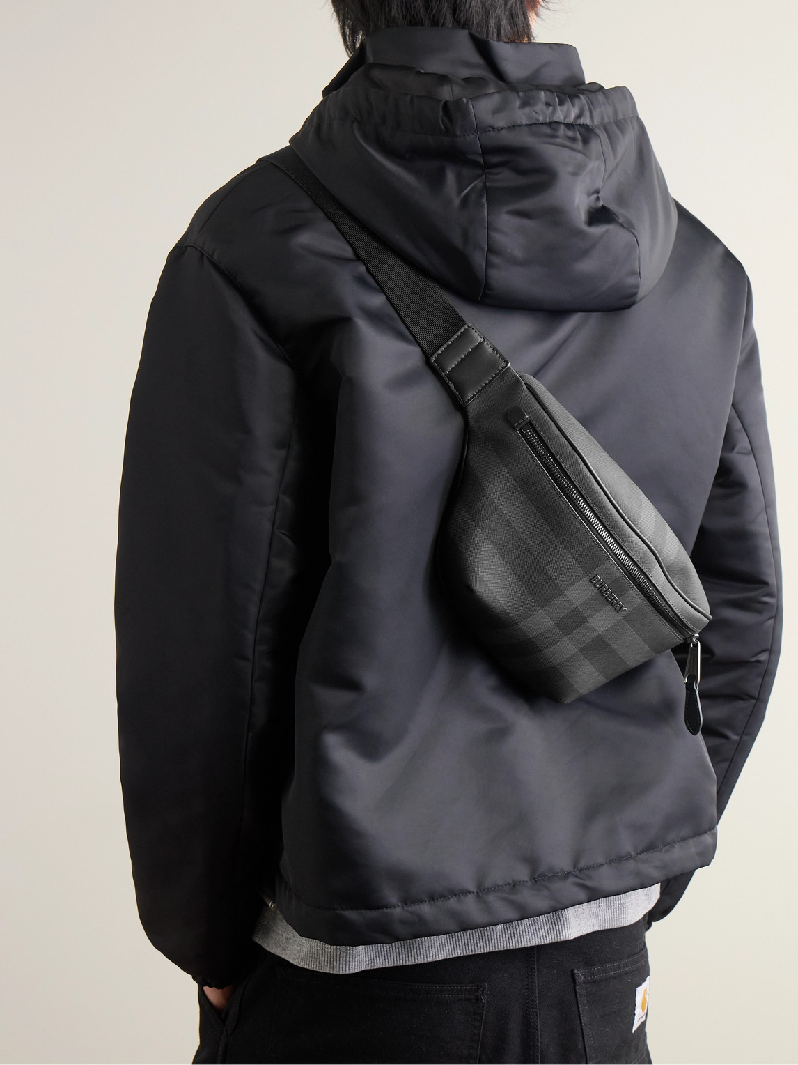 Burberry Leather-trimmed Checked Coated-canvas Belt Bag In Gray