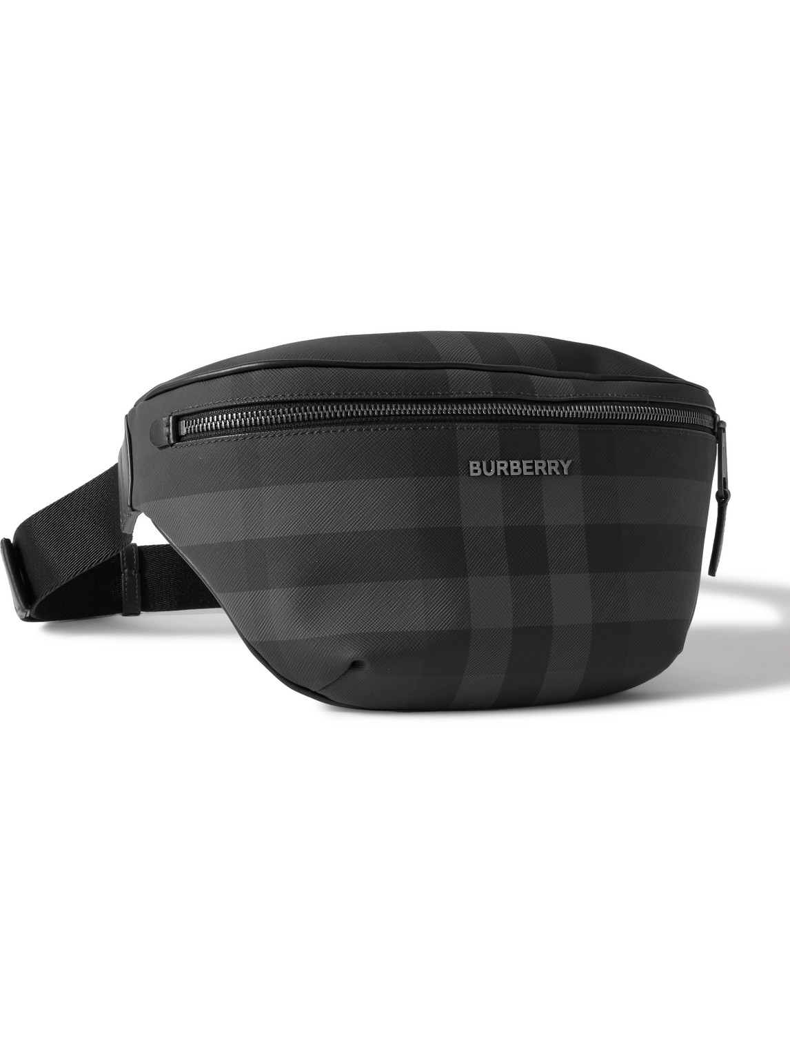 Burberry Leather-trimmed Checked Coated-canvas Belt Bag In Gray