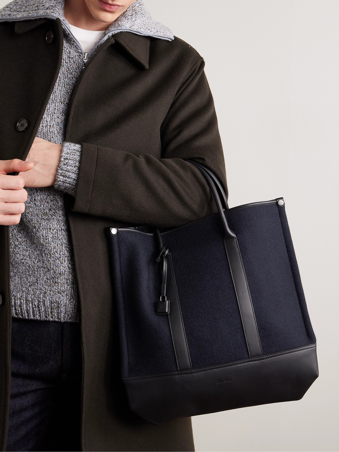 Loro Piana Beam Small Leather-trimmed Cashmere Tote Bag In Blue