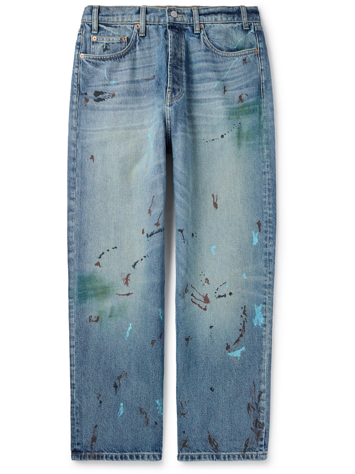 Wide-Leg Logo-Embroidered Paint-Splattered Jeans