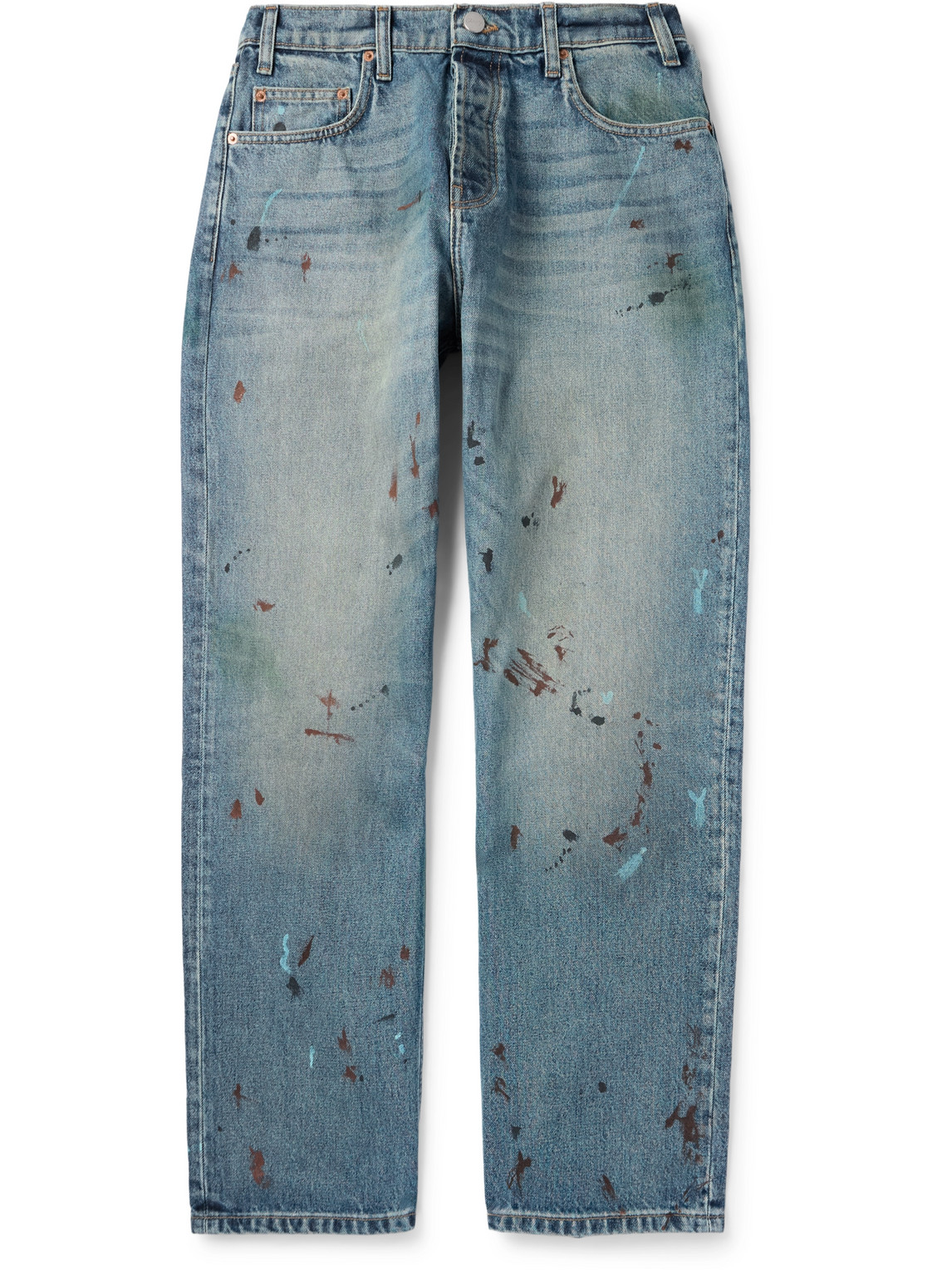 Straight-Leg Logo-Embroidered Paint-Splattered Jeans