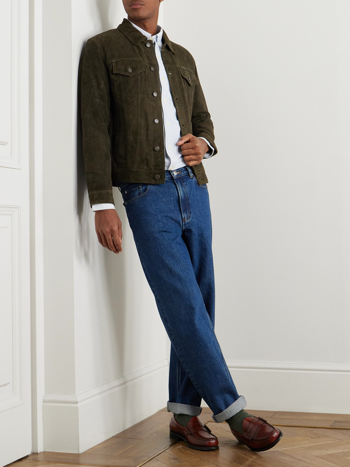 Shop Polo Ralph Lauren Icon Slim-fit Suede Trucker Jacket In Green
