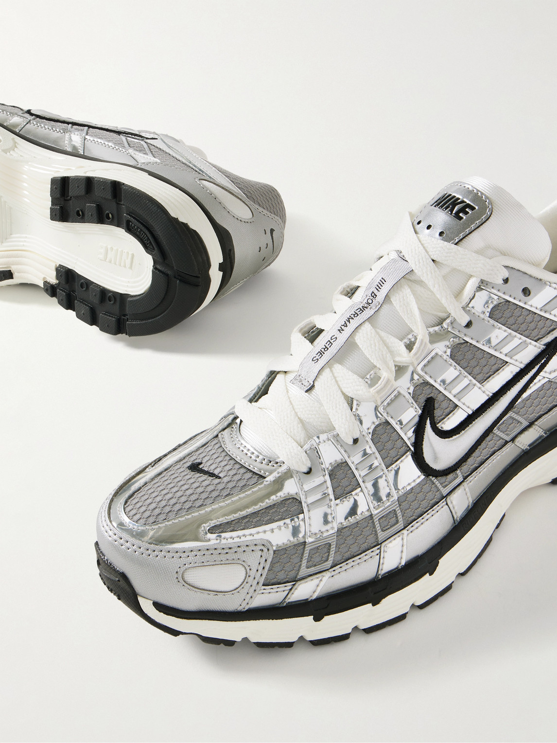 NIKE P-6000 PRM METALLIC LEATHER AND MESH SNEAKERS