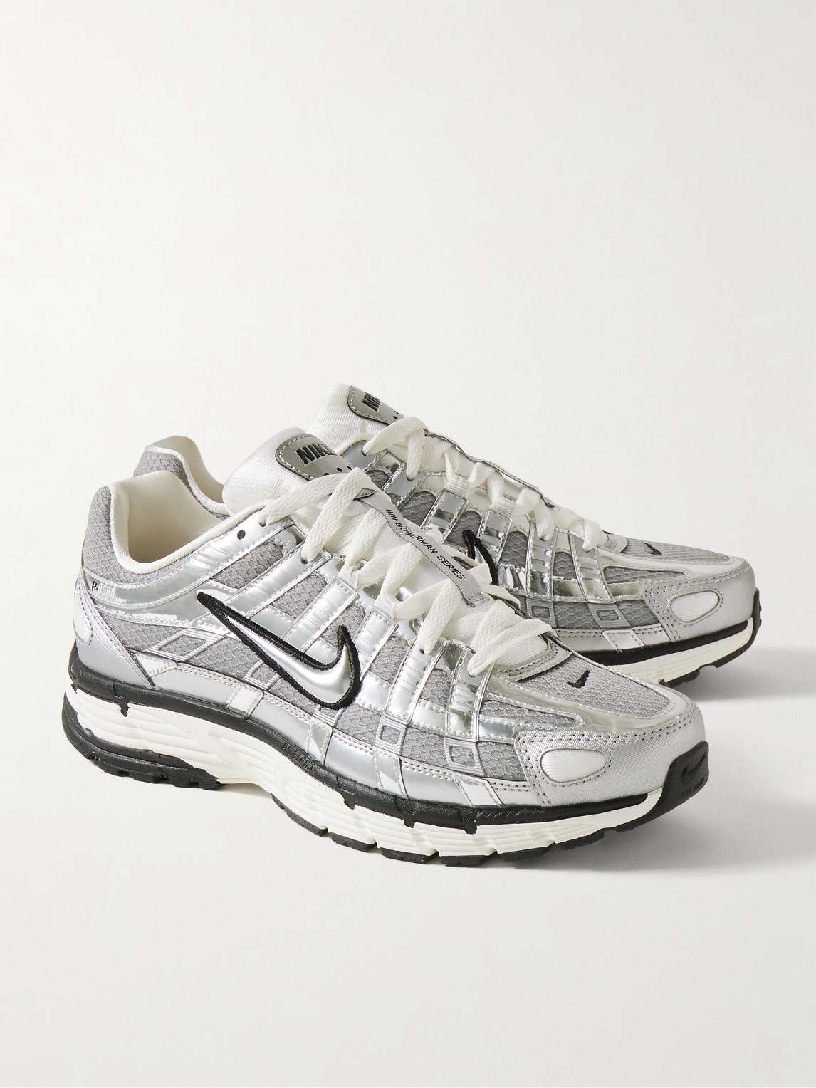 NIKE P-6000 PRM METALLIC LEATHER AND MESH SNEAKERS