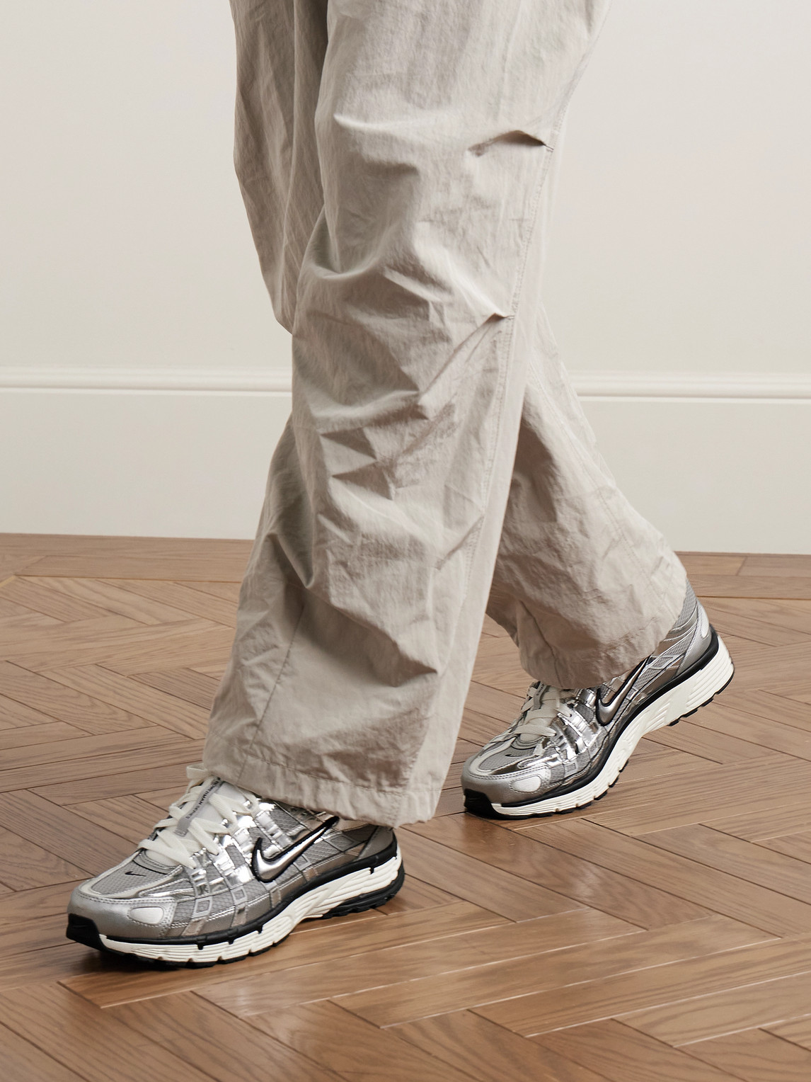 NIKE P-6000 PRM METALLIC LEATHER AND MESH SNEAKERS
