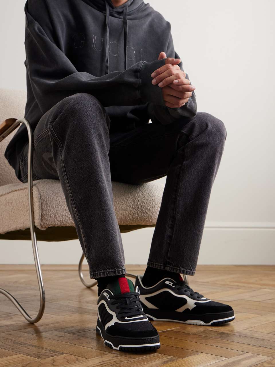 GG Men's Web Sneaker Black Cowhide Suede 853917