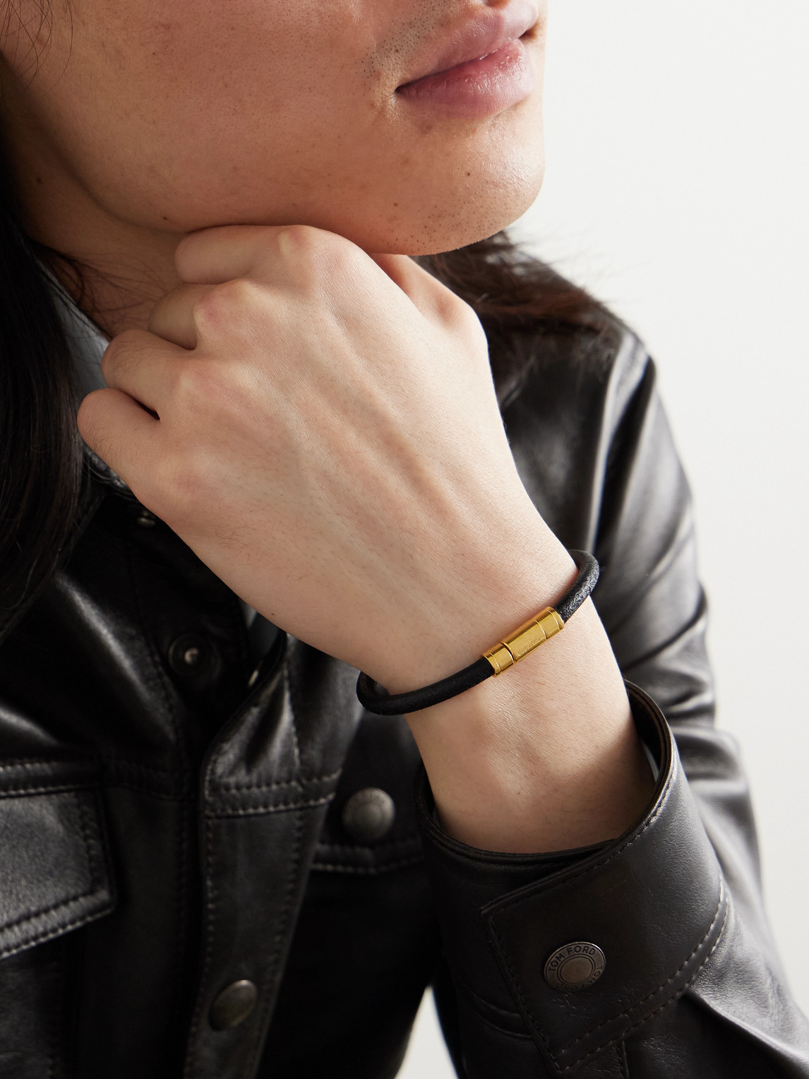 Tom Ford Gold-tone And Leather Bracelet In Black