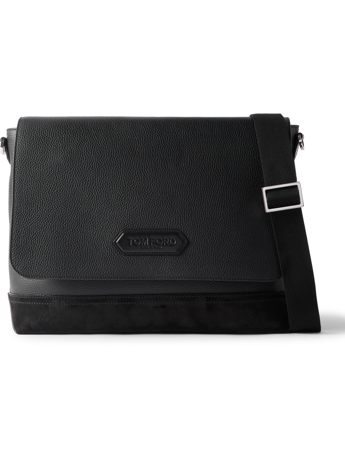 Tom Ford Suede-trimmed Full-grain Leather Messenger Bag In Black
