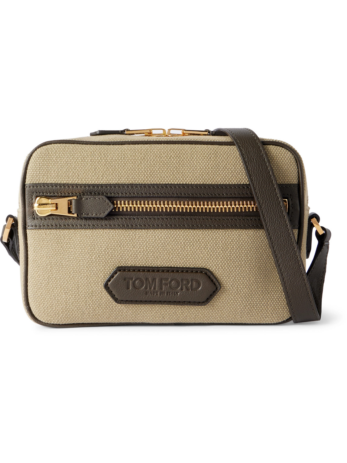 Tom Ford Logo-embossed Leather-trimmed Cotton-canvas Messenger Bag In Neutrals