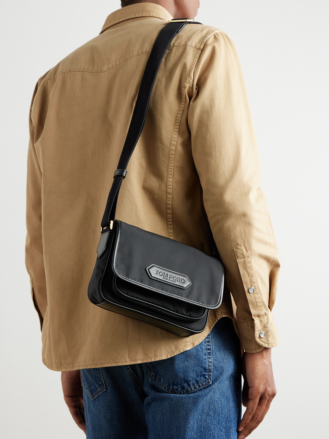 Tom Ford Leather-trimmed Recycled-nylon Messenger Bag In Black