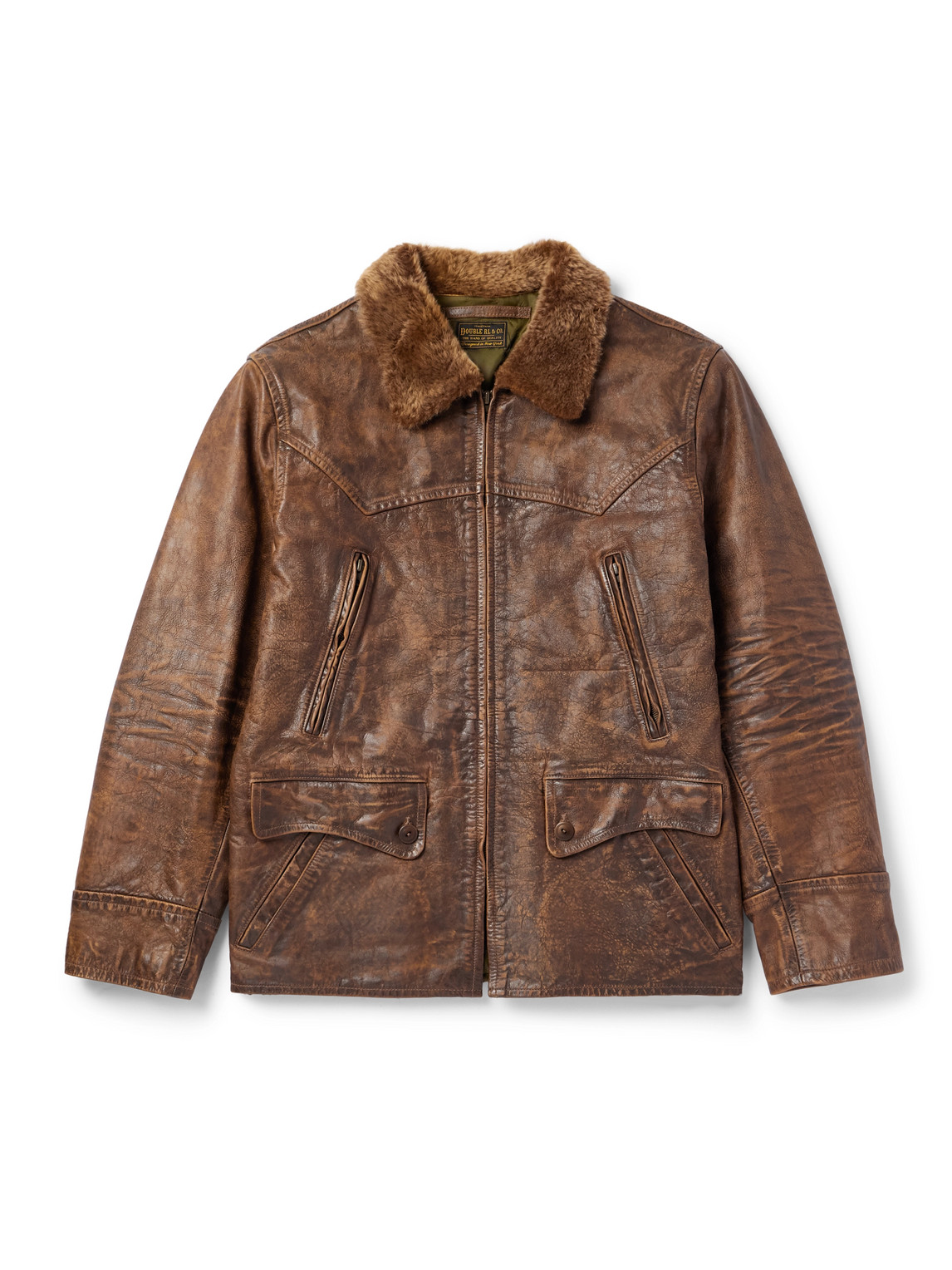 Rrl Thurston Shearling-trimmed Distressed Leather Jacket In Brown