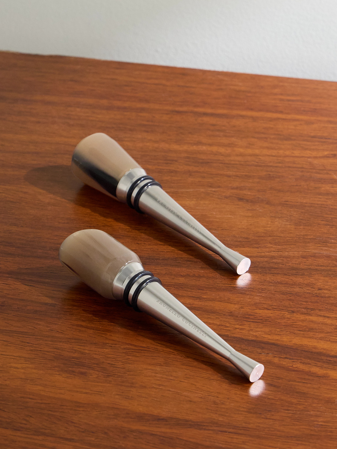 Brunello Cucinelli Set Of Two Horn And Stainless Steel Bottle Stoppers In Silver