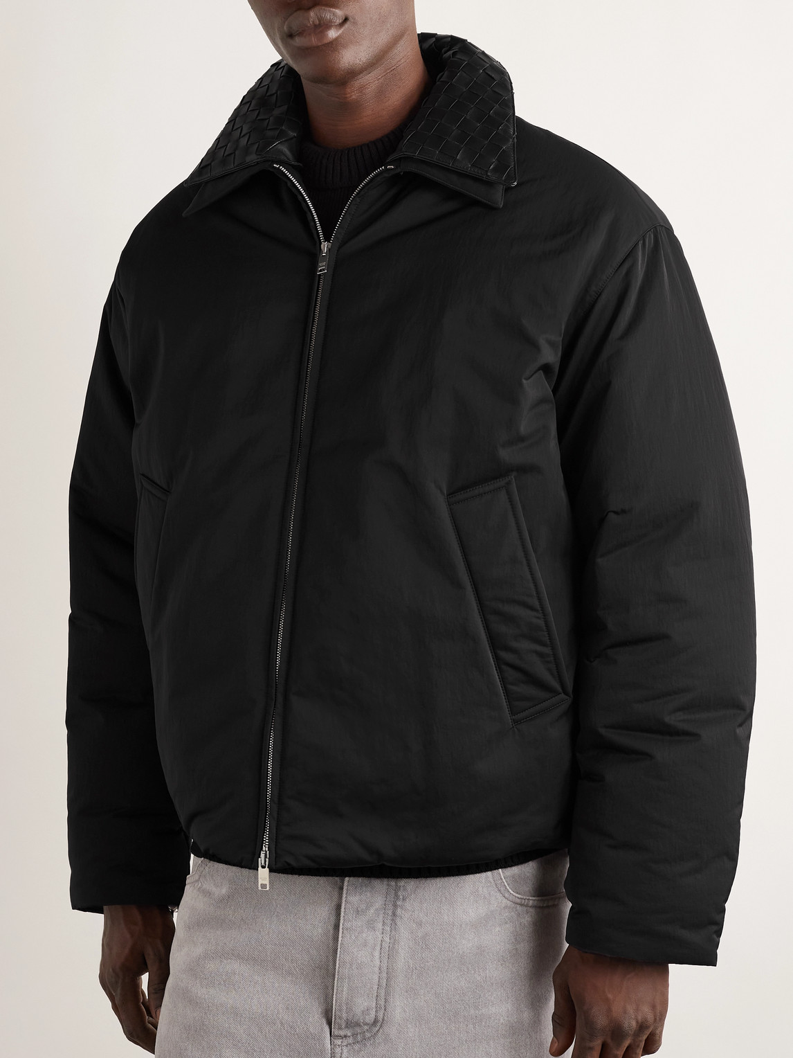 Bottega Veneta Intrecciato Leather trimmed Matte shell Down Jacket In Black ModeSens