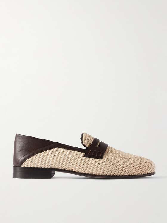 Manoloblahnik Padstow Collapsible-Heel Leather-Trimmed Raffia Loafers