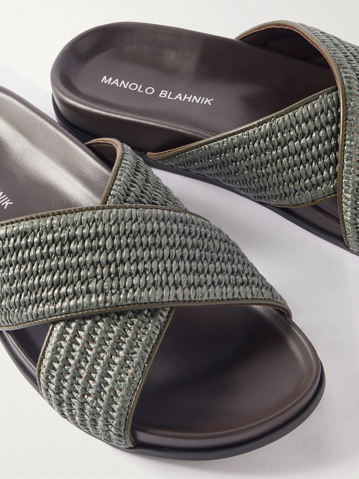 Manolo Blahnik Chiltern Leather-trimmed Raffia Sandals In Green