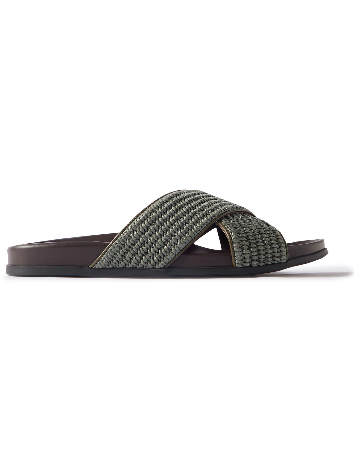 Manolo Blahnik Chiltern Leather-trimmed Raffia Sandals In Green