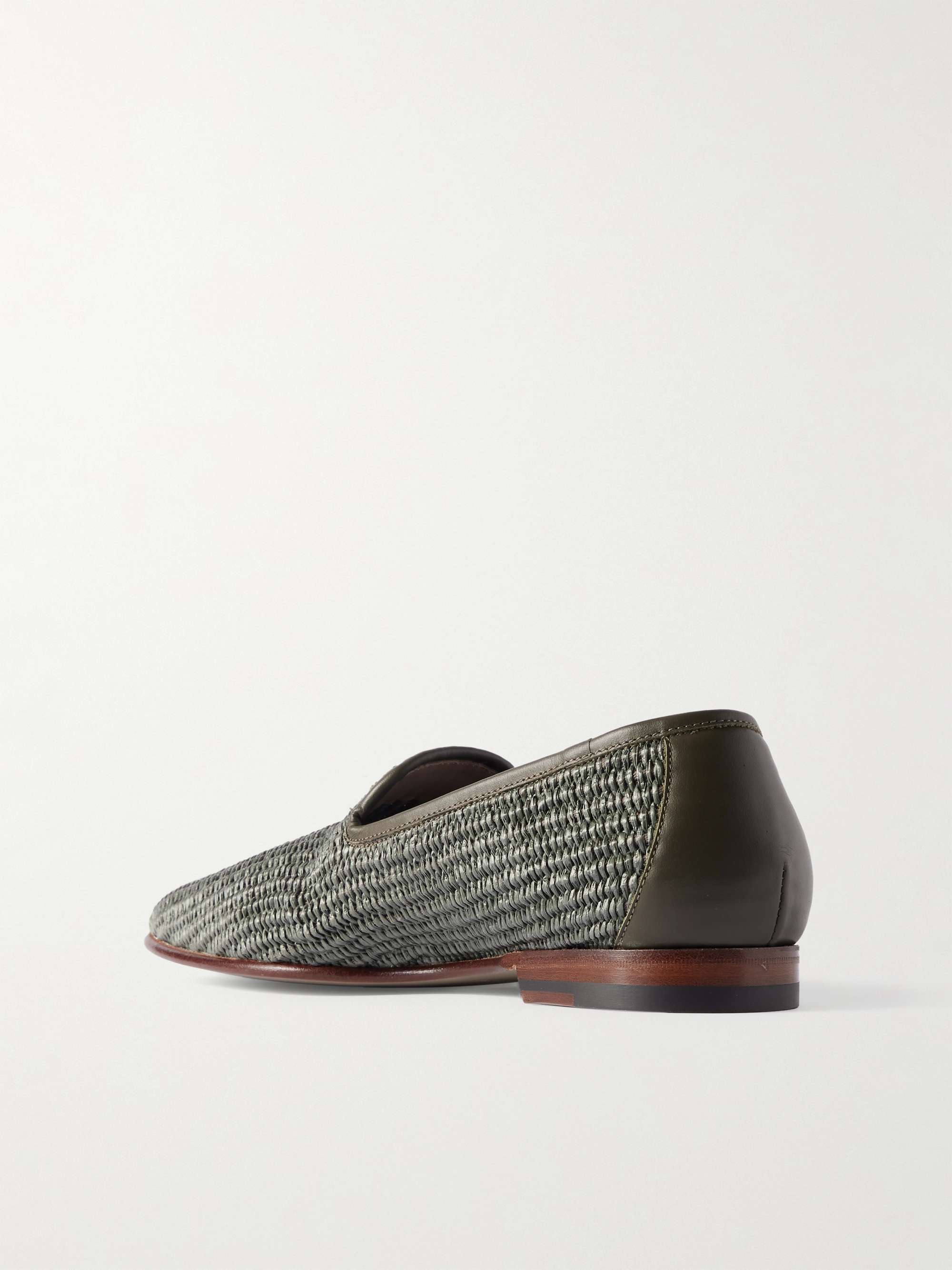 MANOLO BLAHNIK Mario Leather-Trimmed Raffia Loafers