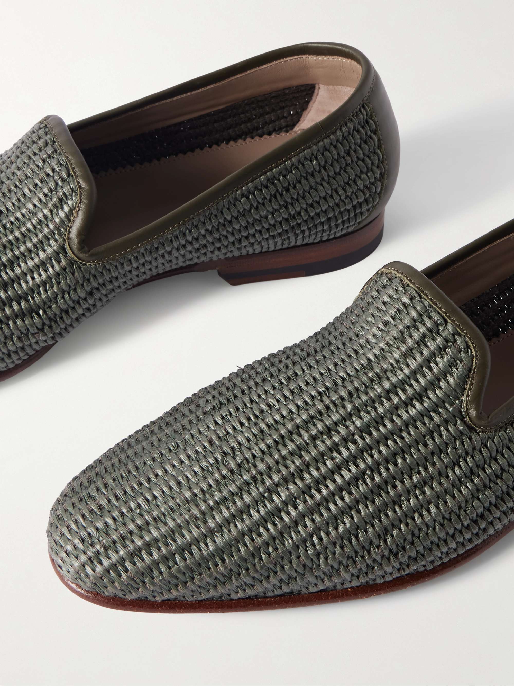 MANOLO BLAHNIK Mario Leather-Trimmed Raffia Loafers