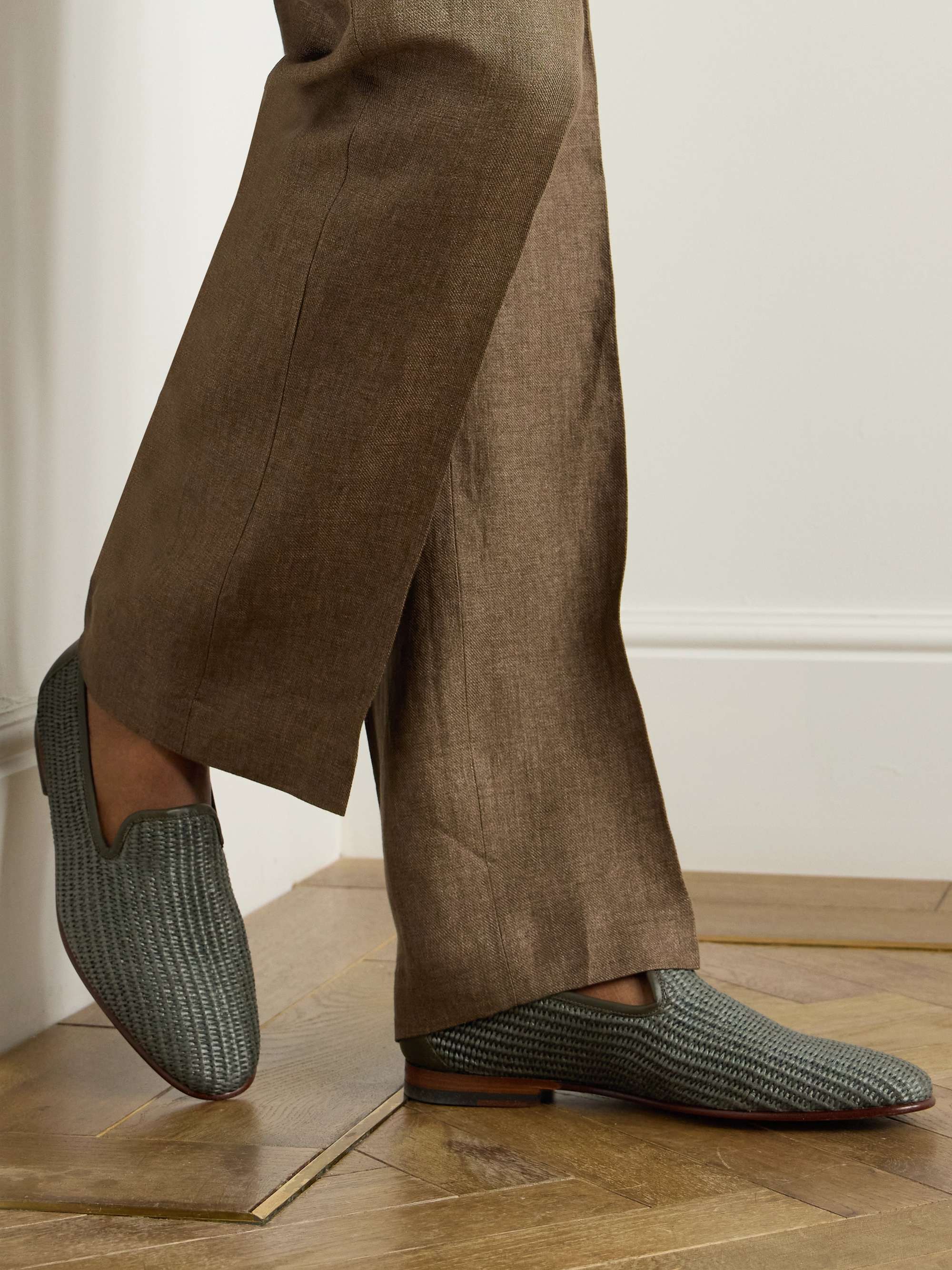 MANOLO BLAHNIK Mario Leather-Trimmed Raffia Loafers