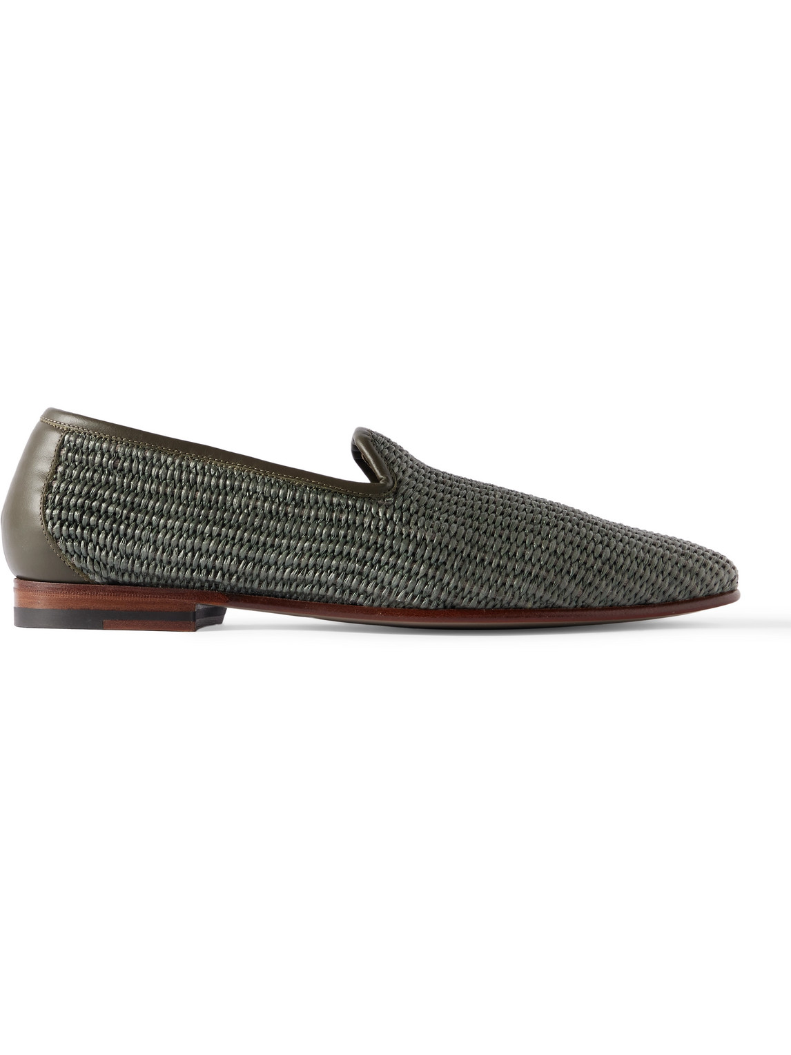 Manolo Blahnik Mario Leather-trimmed Raffia Loafers In Green