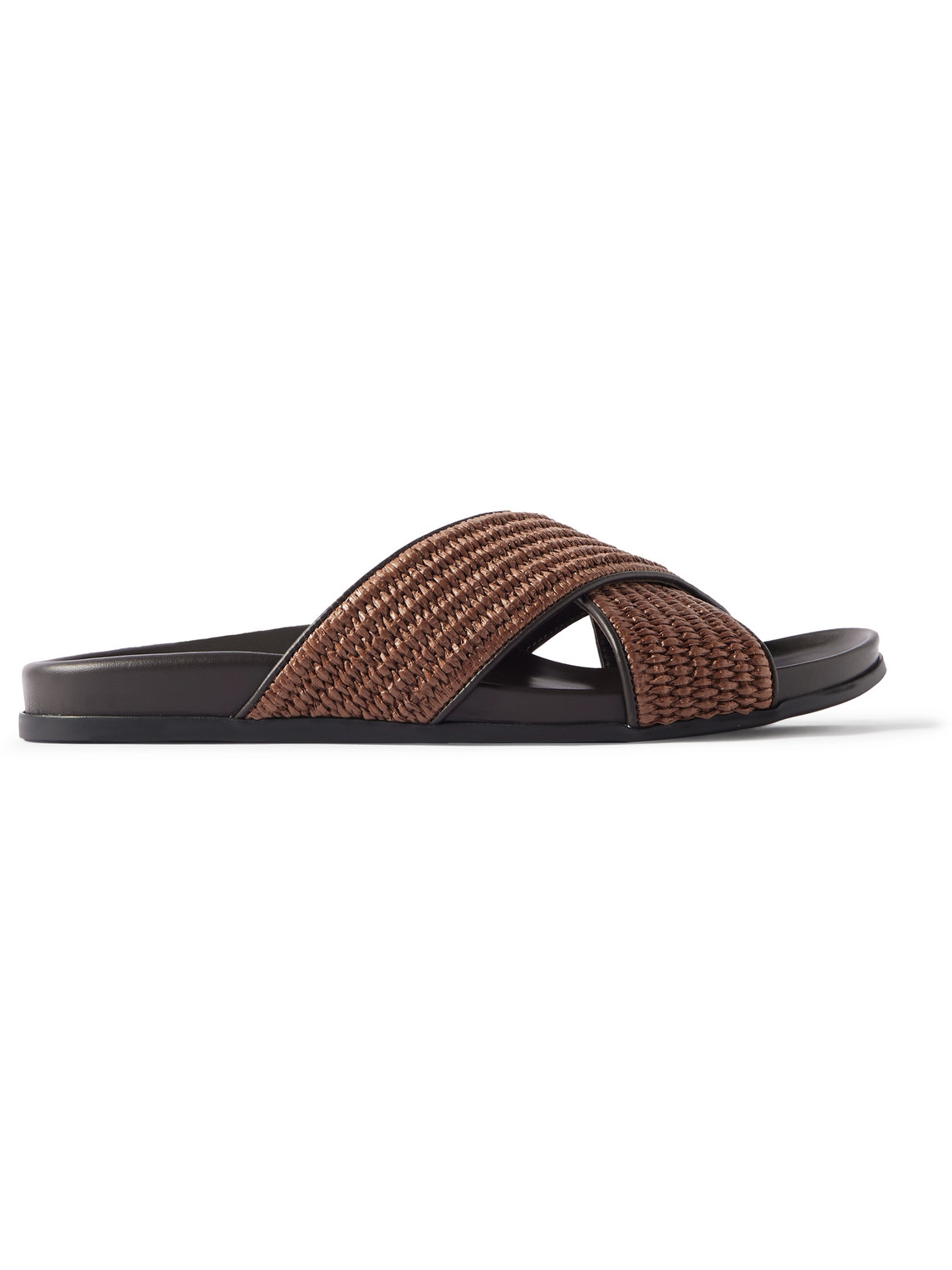 Manolo Blahnik Chiltern Leather-trimmed Raffia Sandals In Brown