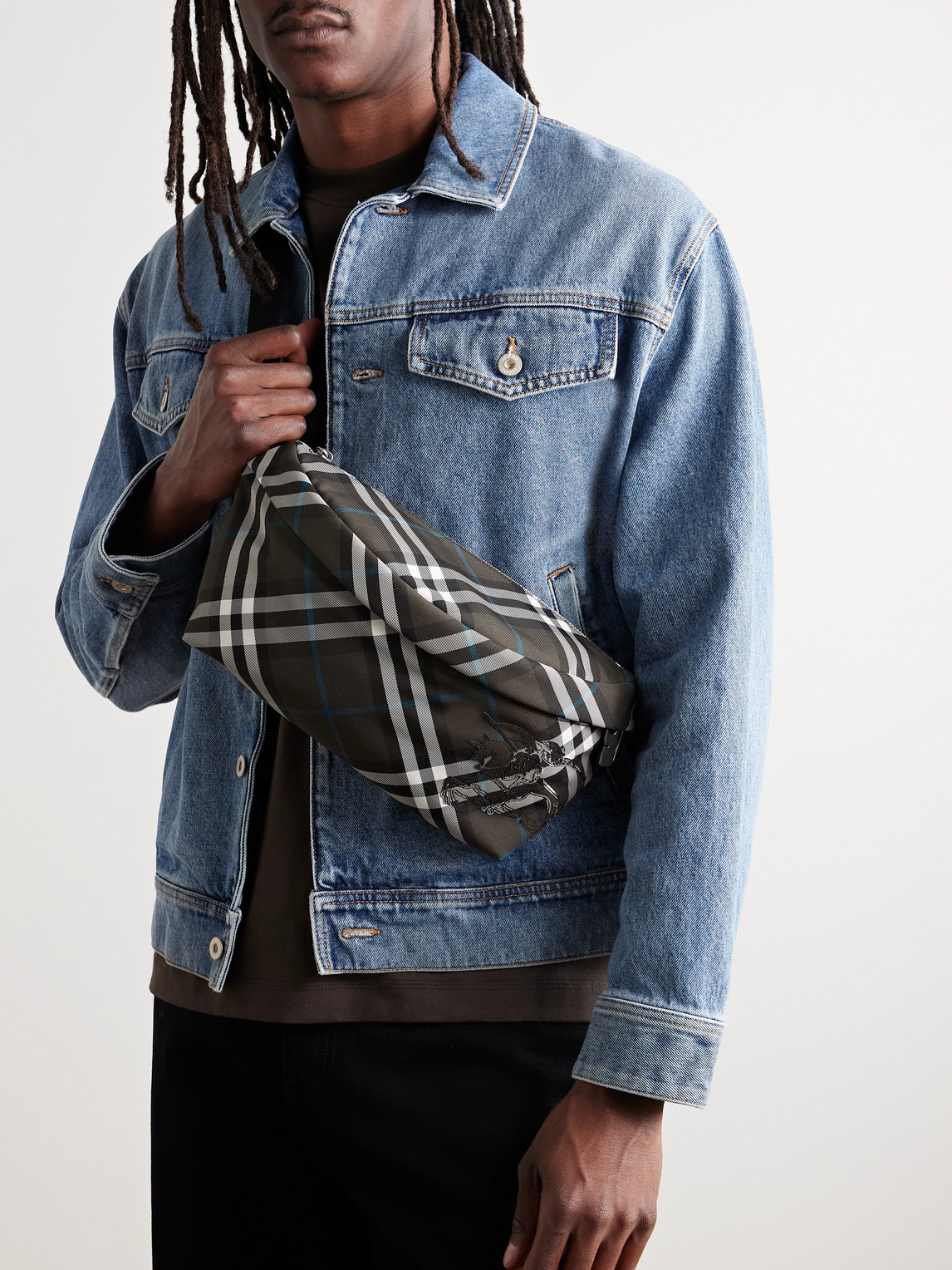 Burberry Logo-embroidered Checked Canvas Belt Bag In Black