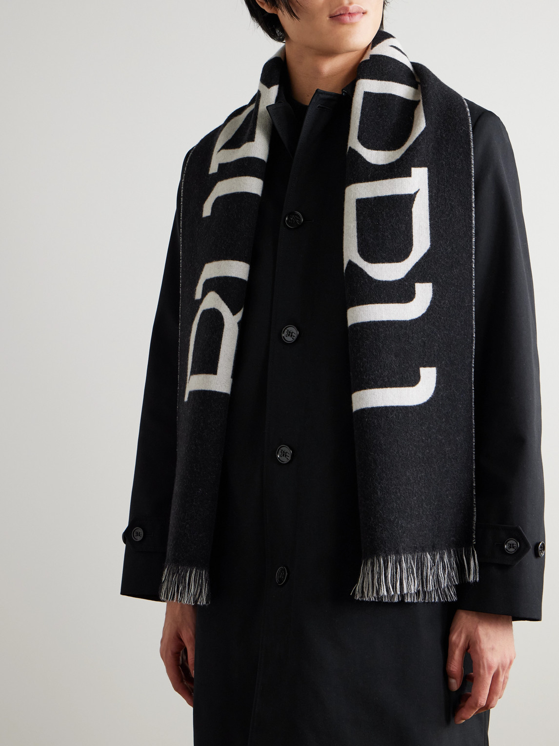 Burberry Fringed Logo-jacquard Wool Scarf In Black