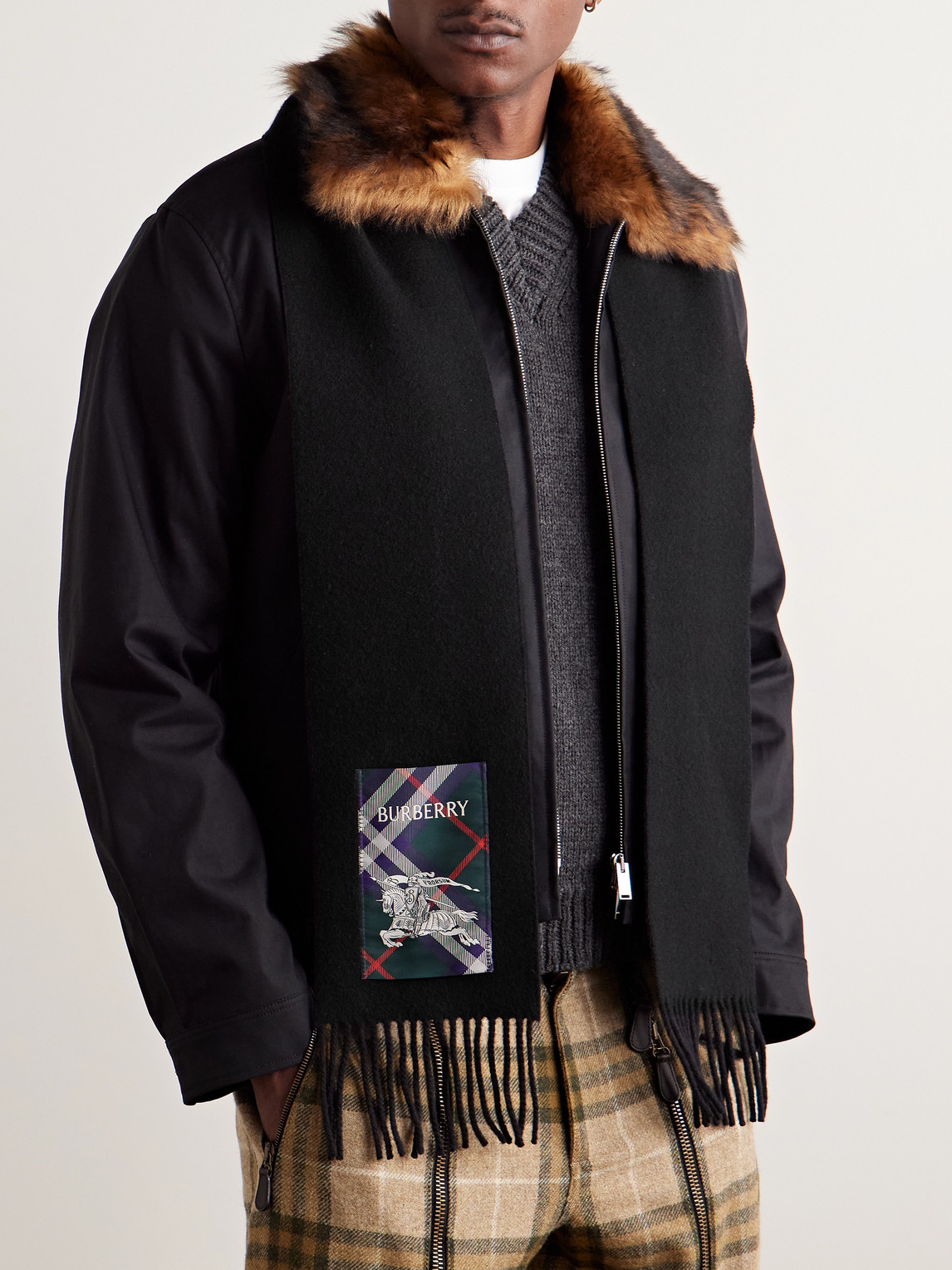 Burberry Fringed Appliquéd Cashmere Scarf In Black