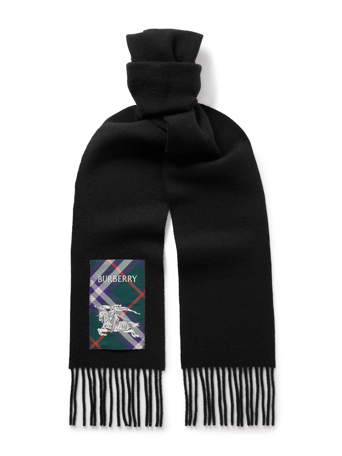 Burberry Fringed Appliquéd Cashmere Scarf In Black