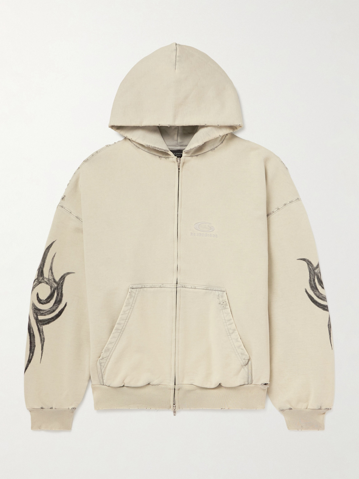 Balenciaga Distressed Logo-Embroidered Printed Cotton-Jersey Zip-Up Hoodie - Men